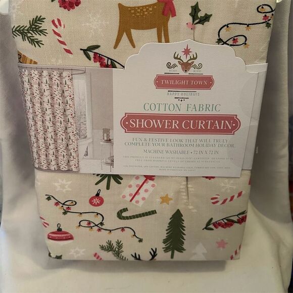 Twilight Town Holiday Shower Curtain Christmas Reindeer Trees 72x72 - Picture 1 of 2